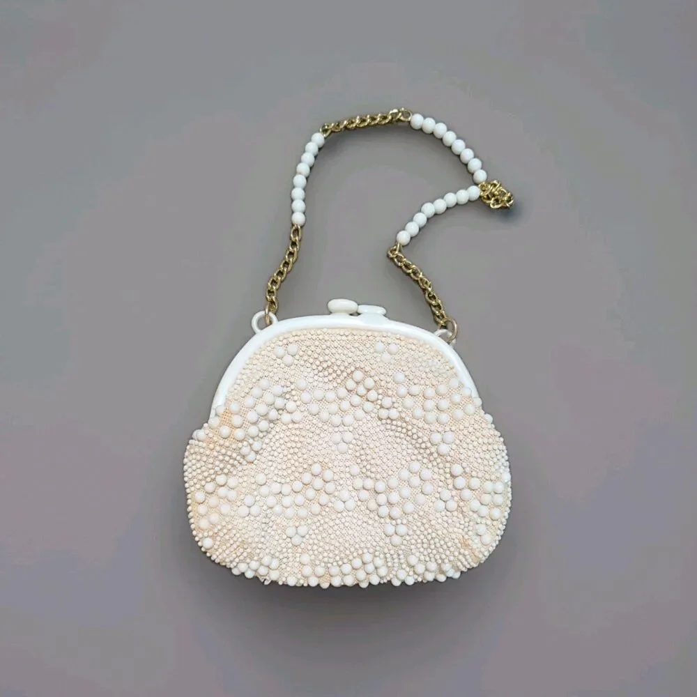Vintage 1950s White Milk Glass Beaded Clutch Purse Lucite Frame Kiss Lock As Is